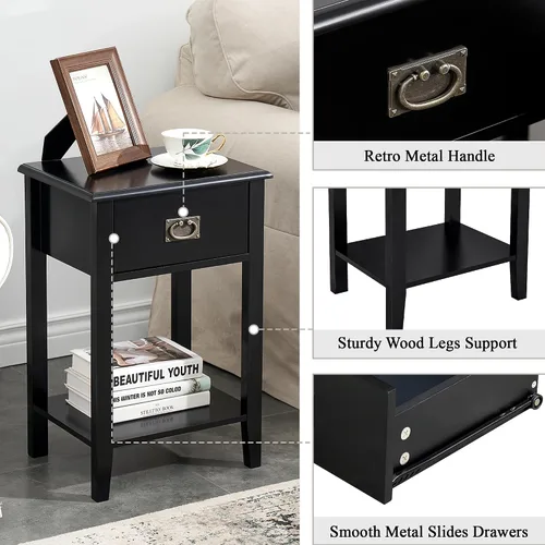 Miniatura 4 de VECELO Juego de 2 mesitas de noche para sala de estar, dormitorio, mesita de noche, muebles de acento vintage para espacios pequeños, patas de Negro