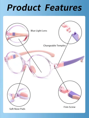 Miniatura 3 de JM Lentes de luz azul para niños, hierbas para juegos de computadora para niñas y niños de 3 a 10 años, lentes anti Blue Ray TR90 Rosa
