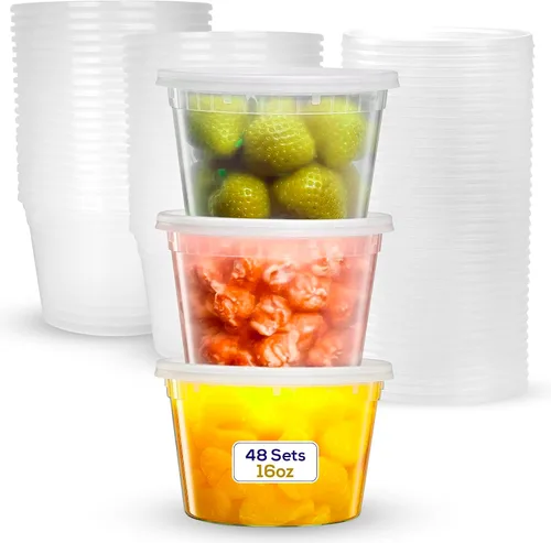 Recipientes de plástico con tapas [48 juegos] de 16 onzas – Contenedores de alimentos reutilizables para el hogar y los negocios – aptos para
