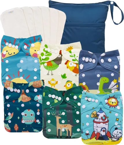 Miniatura 14 de babygoal AWJ Pañales de tela con panel abdominal, paquete de 13, 6 fundas de pañal con 6 insertos y bolsa seca para humedad, ajustables, lavables