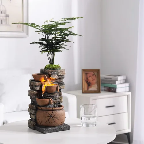 Miniatura 7 de Fuente interior de 4 tazones Rockery con sonido calmante para decoración del hogar y la oficina con una pequeña maceta de plástico para cultivar