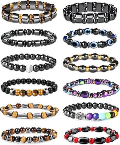 THUNARAZ Juego de 12 pulseras magnéticas de hematita para hombres y mujeres, pulsera de piedra de ojo de tigre, regalo de alivio de Stree