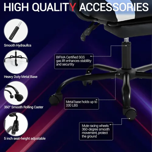 Miniatura 7 de Silla Gaming con Reposapiés, Silla Ergonómica de Escritorio para PC con Reposacabezas y Soporte Lumbar de Masaje, Silla Gaming con Respaldo Alto
