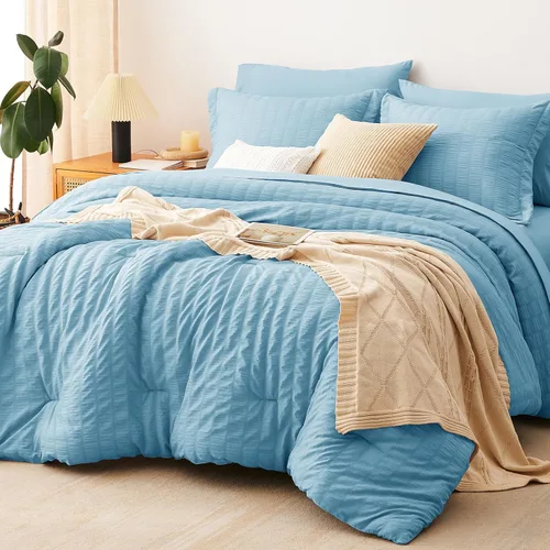 Miniatura 43 de CozyLux Juego de ropa de cama con edredón tamaño King Beige Seersucker de 7 piezas, juego de cama en una bolsa, con edredón, sábanas, fundas
