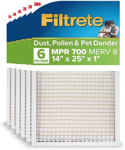 Filtrete - 6 filtros de aire para caldera/aire acondicionado de 14x25x1, MPR 700, MERV 8, resistente al polen, fácil para el flujo de aire, filtro