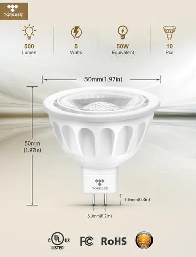 Miniatura 4 de Bombilla LED MR16 Regulable Torkase, Bombillas LED MR16 con Base de Dos Pines GU5.3, 5W (Equivalente a 50W), Bombillas de Luz de Bajo Voltaje 12V