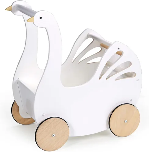 Tender Leaf Toys - Sweet Swan Pram - Cochecito de madera con forma de cisne - Juguete inspirado para juegos de rol para niños y niñas, mejora las