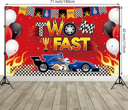 Miniatura 2 de Oudain Telón de fondo de cumpleaños con dos carteles de carreras de coches, decoración de fiesta temática de automóvil, fondo de fotos, suministros