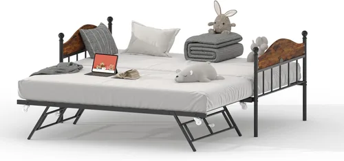 Miniatura 9 de Sofá cama con nido, cama de metal tamaño individual con cabecera elegante, marco de sofá cama con cama nido desplegable emergente, plataforma