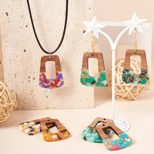 Miniatura 2 de Beadthoven - Dijes de madera de resina para bricolaje, colgantes de aretes de lágrima multicolor, triángulo, círculo redondo, rombo, barra