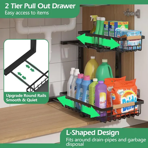 Miniatura 2 de ADRIMER Organizador para debajo del fregadero, 2 paquetes, organizador extraíble para fregadero de cocina, 2 niveles, organizador de cocina