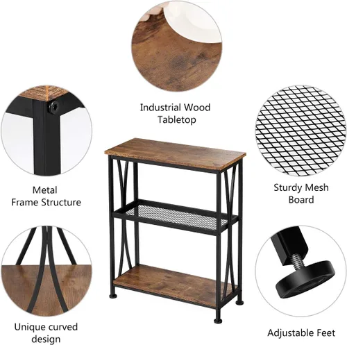 Miniatura 9 de Mesa auxiliar estrecha, mesa auxiliar de 3 niveles con estantes de almacenamiento, mesa de pasillo pequeña, mesa de acento industrial con marco