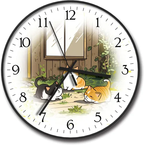 Miniatura 8 de Reloj de pared de plástico de 8 pulgadas con pilas, reloj de pared redondo decorativo, reloj de pared silencioso, patrón de gato 2269-Three Cat