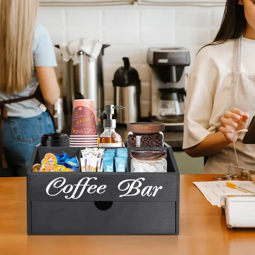 Miniatura 4 de Organizador de barra de café, accesorios de barra de madera con cajón, organizador de estación de café, cesta de almacenamiento, estación