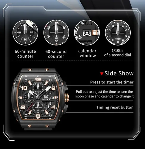 Miniatura 5 de OLEVS Reloj para hombre de lujo de cara grande negro relojes de pulsera de silicona cuadrado multifuncional vestido impermeable cronógrafo analógico