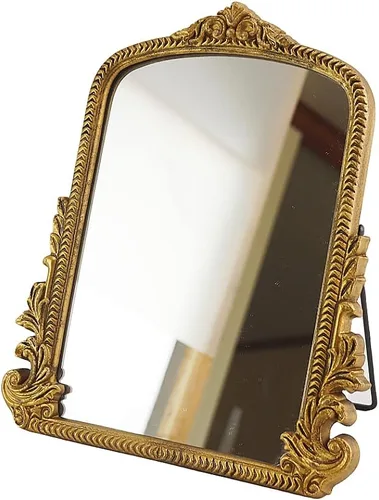 Espejo de escritorio de maquillaje vintage, espejo de mesa con arco tradicional y elegante dorado, decoración con marco de madera, pequeño espejo de
