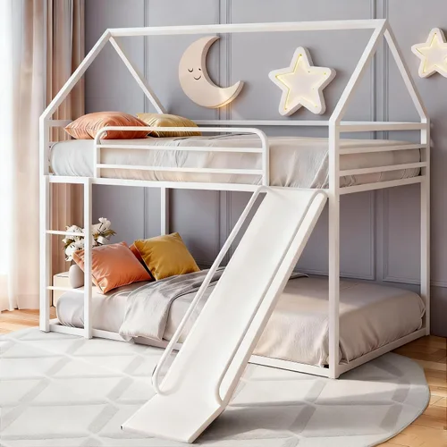 Miniatura 16 de Litera de cama individual sobre individual con tobogán, marco de cama en forma de casa con escalera, estructura de cama baja de servicio pesado