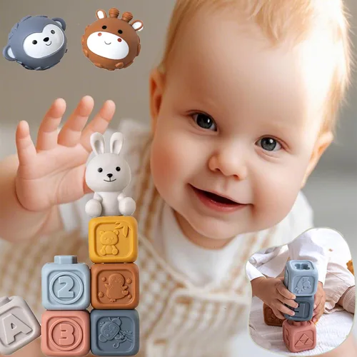 Miniatura 6 de Paquete de juguetes 3 en 1 para bebé, bloques de construcción apilables suaves, anillo de dentición y bolas sensoriales para recién nacidos a 18