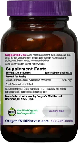 Miniatura 2 de Oregon's Wild Harvest Suplemento orgánico de raíz de diente de león Amargo herbario tradicional, 90 cápsulas veganas