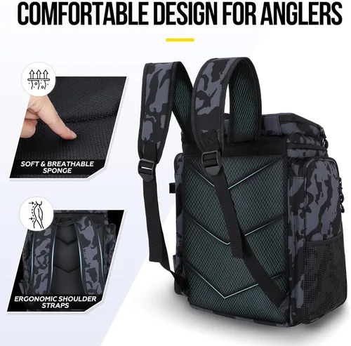Miniatura 8 de PLUSINNO Mochila de aparejos de pesca con soportes para cañas, 42L resistente al agua bolsa de pesca tienda equipo de pesca, regalos de pescador