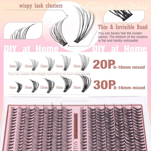 Miniatura 3 de FANXITON Kit de extensiones de pestañas naturales para colocar tú misma, pestañas en racimo individuales D 20D+30D, 280 unidades, kit de extensiones