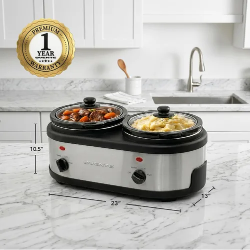 Miniatura 6 de OVENTE Doble olla de cocción lenta, servidor de buffet y calentador con dos ollas de cerámica extraíbles de 1.5 cuartos de galón, control