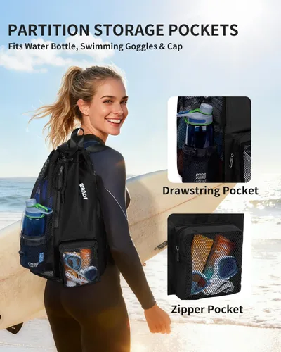 Miniatura 2 de WANDF Mochila de Malla con Cordón para Natación, con Bolsillo para Artículos Húmedos, para Natación, Gimnasio y Equipo de Entrenamiento Negro