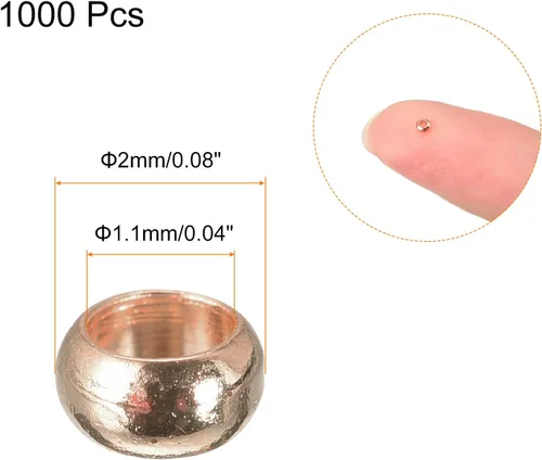 Miniatura 2 de uxcell 1000 cuentas redondas de engarzado, cuentas espaciadoras de extremo de crimpado de 0.079 pulgadas, pequeños topes para hacer pulseras y Oro