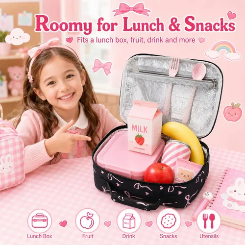 Miniatura 2 de LEDAOU Lunch Box Kids Boys Girls Cute Insulated Lunch Box Reusable Lunch Bag Meals Tote Lunchbox for School Picnic Travel (Bow Tie Black)