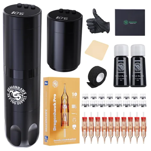 Miniatura 10 de Dragonhawk X3 Pro - Kit de pistola de tatuaje inalámbrica con 2 baterías Rca reemplazables, 20 agujas Pro, suministros completos para principiantes