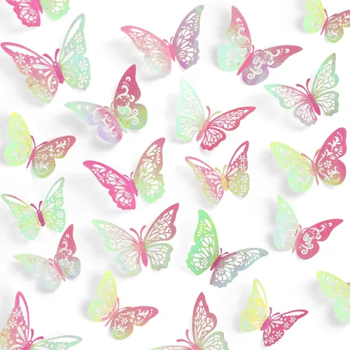 60 piezas de mariposas 3D para pastel y decoración de pared - 5 estilos, 3 tamaños, púrpura láser