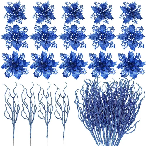 Yinder Juego de 48 flores de Pascua artificiales con purpurina para el día de San Valentín con ramitas, decoración de árbol de Navidad, para corona,