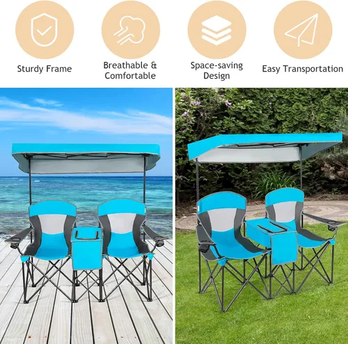 Miniatura 6 de DORTALA Silla de camping doble con toldo, silla de playa plegable para 2 personas con toldo para dosel, soporte para bebidas y bolsa de Azul