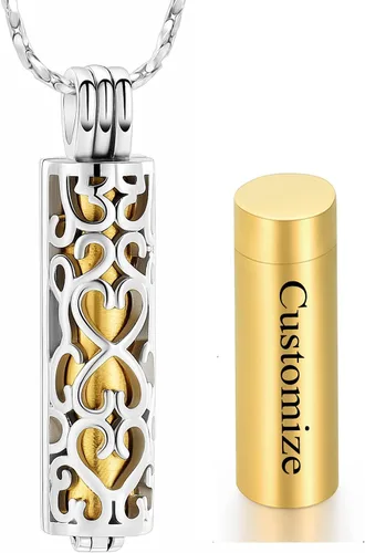 Miniatura 49 de Imrsanl Collar con colgante de urna de cremación con vial de cilindro hueco, urna de recuerdo, joyería de cremación, medallones conmemorativos
