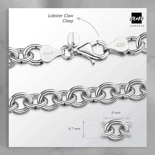 Miniatura 4 de Amberta Pulsera de plata de ley 925 para mujer, varios estilos, cadena de cable, eslabones lisosestampados, longitud de 7.5in