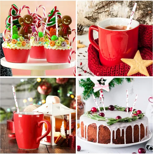 Miniatura 4 de 100 pajitas de papel de bastón de caramelo de Navidad, color rojo y blanco, para invierno, desechables, para bebidas, decoraciones de cócteles