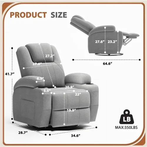 Miniatura 2 de Silla reclinable giratoria con masaje, rotación de 360 grados, silla ergonómica para adultos, función de masaje vibratorio (gris)