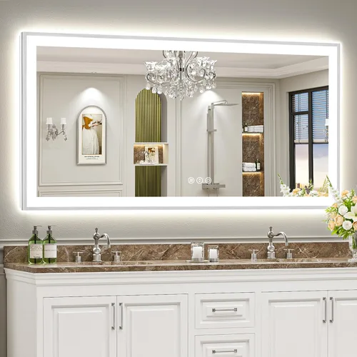 Miniatura 124 de 24x30 Espejo de baño LED con marco negro con luces, retroiluminado + iluminación frontal, espejo de tocador iluminado antivaho para pared de baño
