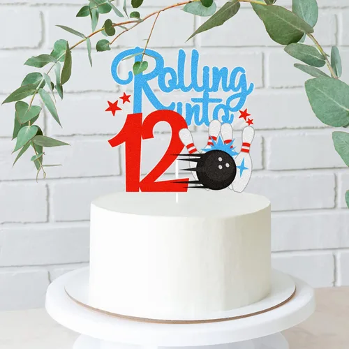 Miniatura 3 de Bowling Rolling Into 12 Happy 12th Birthaday - Decoración de pastel de bola de boliche de 12 cumpleaños con purpurina - Decoración de pastel