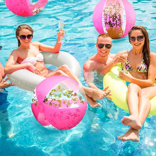 Miniatura 5 de Chivao 12 bolas de playa de color rosa intenso de 16 pulgadas inflables con purpurina grande para piscina, decoración de confeti flotante