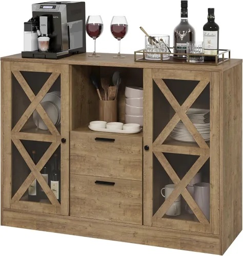 Miniatura 8 de BOTLOG Armario de buffet con almacenamiento, gabinete de barra de café con cajones, aparador buffet Cbinet con puertas de vidrio y estantes