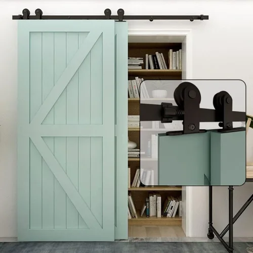 CCJH Kit de herrajes para puerta corrediza de granero de 4 pies para 2 puertas, sistema de riel de un solo riel deslizante suavemente silencioso,