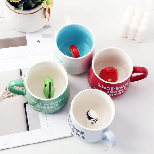 Miniatura 6 de Taza de cerámica de Narval con animal 3D oculto en el interior, taza de 12 oz con figura de dibujos animados hecha a mano, linda taza sorpresa