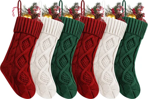 Miniatura 16 de Fesciory Calcetines de Navidad, paquete de 6 calcetines de punto grandes de 18 pulgadas y decoración para fiestas familiares de Navidad, borgoña