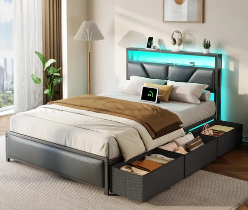 Miniatura 8 de OURPIC Full Size Bed Frame, 2-Tier Storage Headboard & 6 Fabric Drawers, PU Leather Upholstered Platform Bed Frame Full with Charging Station and