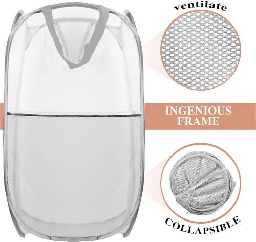Miniatura 4 de Cesta de Ropa Sucia Plegable Emergente, Cesta de Ropa de Malla Plegable Extra Grande, 28" x 16" x 16", Paquete de 2 (Negro + Gris)