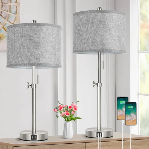 Miniatura 13 de Kondras Table Lamps for Bedroom Set of 2, 23''-30'' Adjustable Height Bedside Lamps with 2 USB Ports, Black Nightstand Lamps with Grey Linen Shade