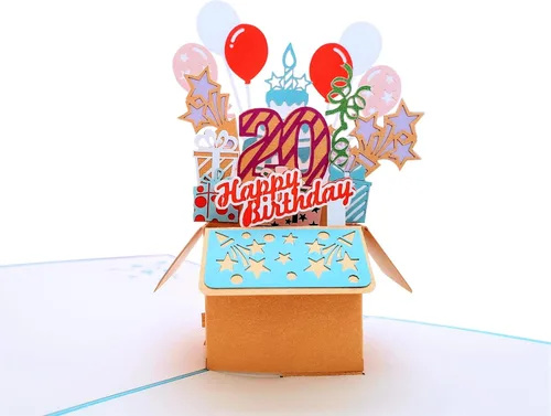 Miniatura 2 de iGifts And Cards Tarjeta desplegable 3D de 20 cumpleaños – Caja de fiesta azul de moda sorpresa con globos, regalos y vibraciones de celebración