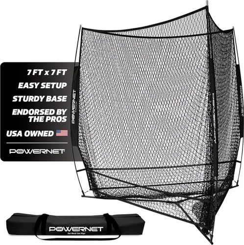 PowerNet Red de entrenamiento de béisbol de triple amenaza, red de bateo o lanzamiento de 3 vías de 7 pies x 7 pies, cubre 147 pies cuadrados, Negro