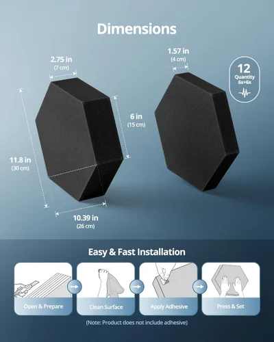 Miniatura 8 de Paneles de espuma acústica, hexagonal 3D de doble grosor de 1.57 pulgadas y 2.75 pulgadas, azulejos absorbentes de sonido para estudio, habitación